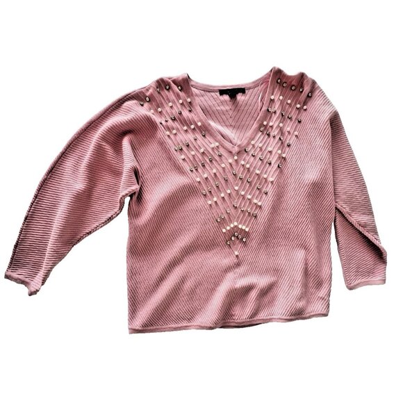 Pink Size L V-Neck Sweater With Pearl & Rhinestone Accents Ribbed A Love Story - Picture 5 of 13